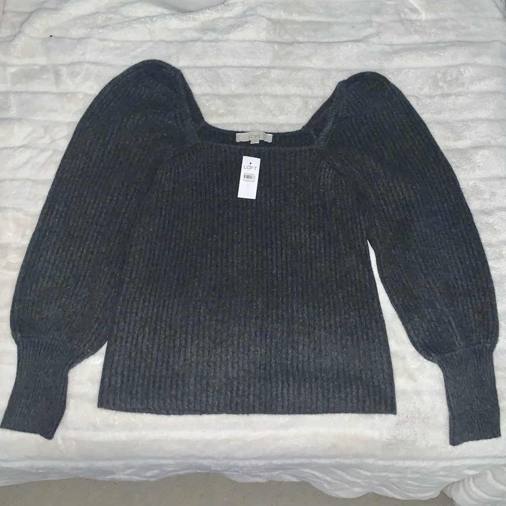 Loft Grey Square Neck Puff Sleeve Sweater (NWT)